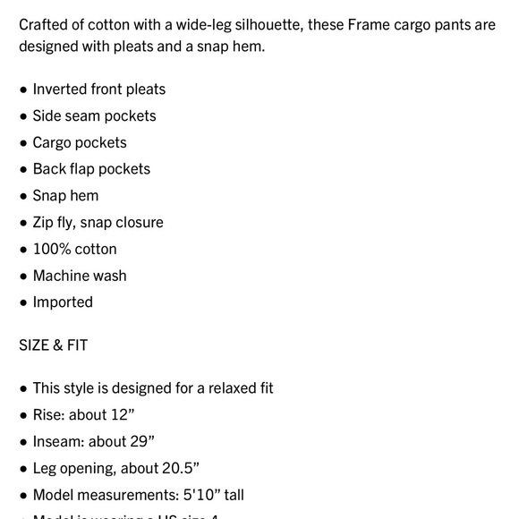 FRAME pleated wide-leg cargo pants sz 28 (4-6) - Picture 8 of 8